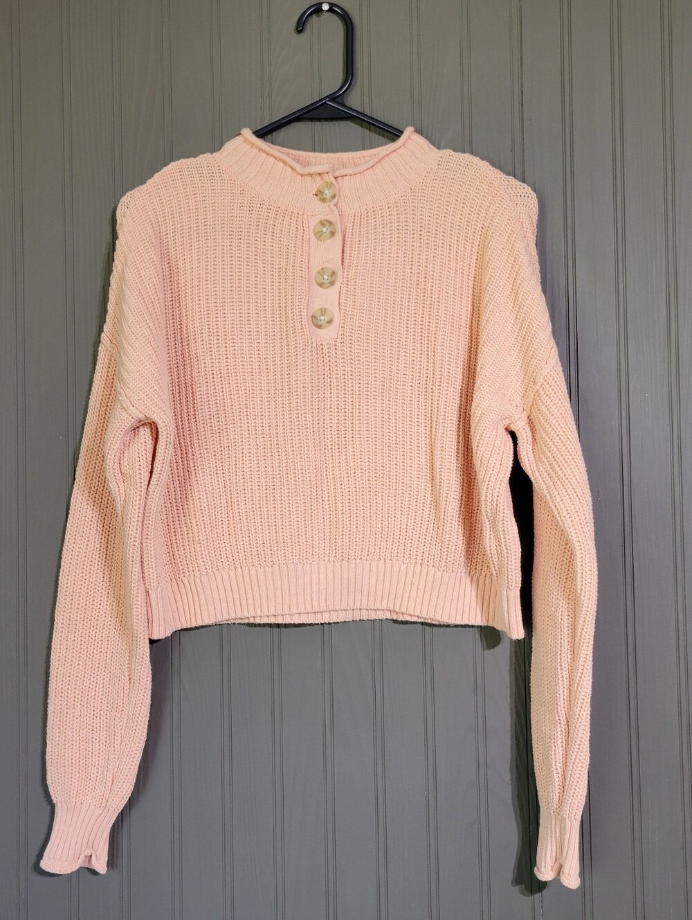 American Eagle Knit Henley Sweater Cropped Long Sleeve Pullover Pink Women's XS